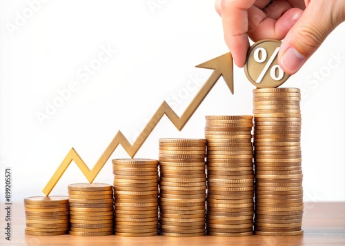 Stack of coins with upward arrow and percentage sign symbolizing financial growth, increasing interest rates, and profitable investments in business and mortgage markets. photo