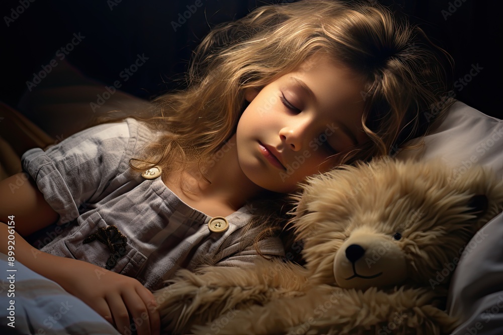 A girl child sleeps in bed with a slight smile on a calm face hugging a toy bear in a cozy dark room. A girl child sleeps in bed with a slight smile on a calm face hugging a toy bear in a cozy dark room.