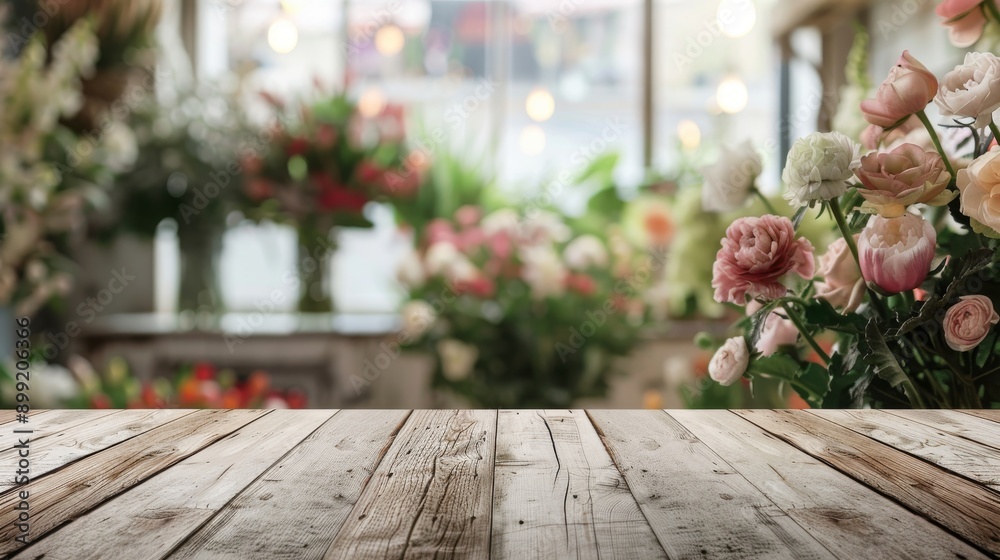 Delicate Pink & White Flowers on Wooden Table - Blurred Floral Background