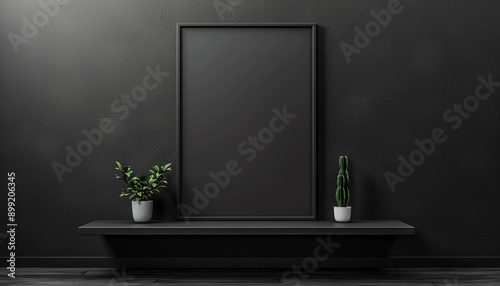 floating shelf in clean black wall with empty frame
