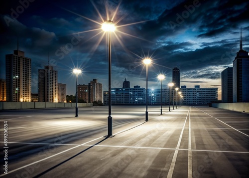 Deserted urban parking area illuminated by tall street lamps casting long shadows on the empty asphalt, surrounded by dimly lit buildings under a dark sky.