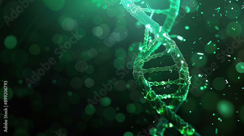 3D rendering of the DNA double helix in green color on a dark background with a bokeh effect