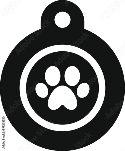 Simple icon of a round, black and white dog tag with a paw print