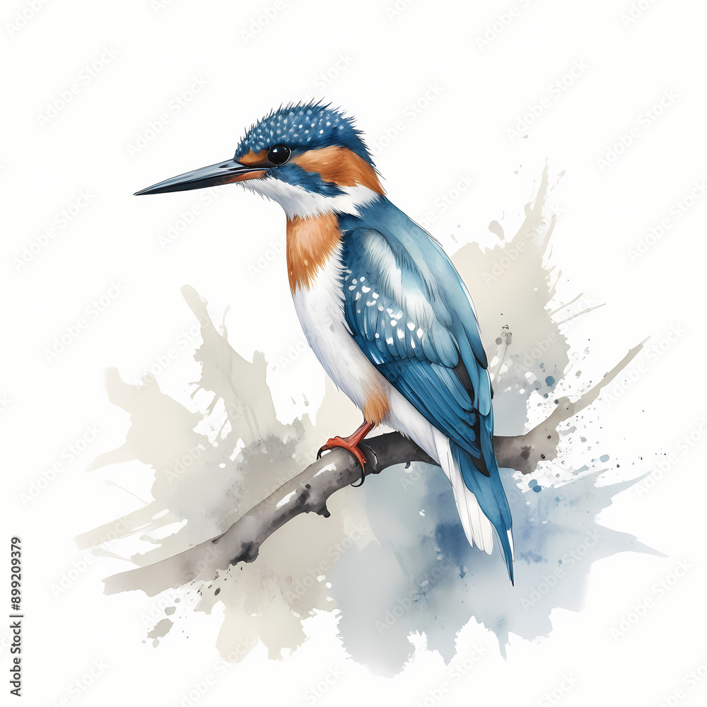 Obraz premium kingfisher on branch watercolor illustration isolated on white background 