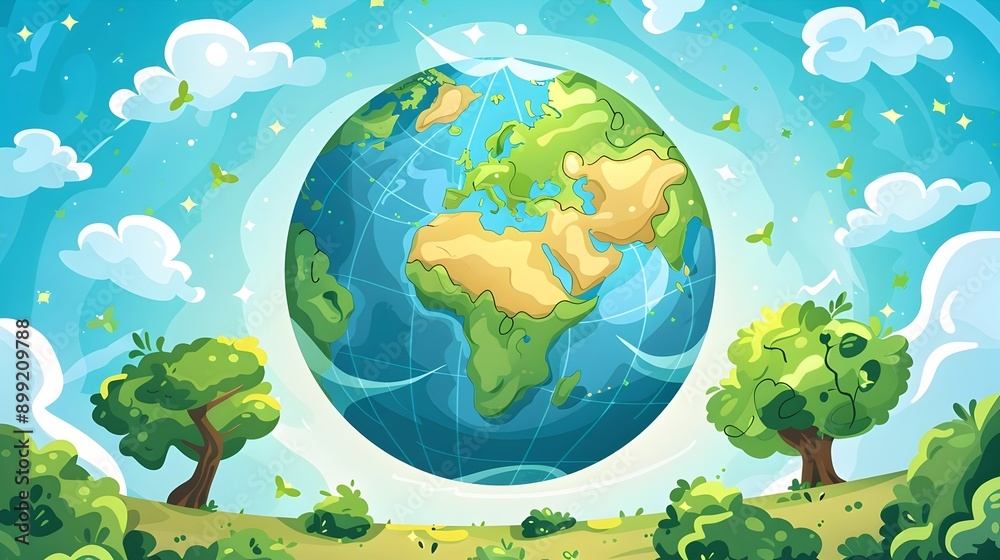 Naklejka premium Serene Planet Earth in Lush Natural Landscape with Flourishing Greenery and Clear Sky