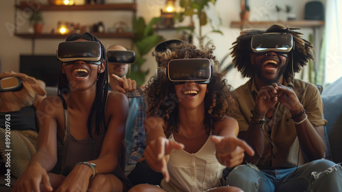 diverse group of friends, wearing VR headsets, sitting on couch, laughing hard, pointing, living room,generative ai photo