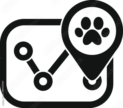 Black and white icon of a paw print inside of a location pin on top of a map