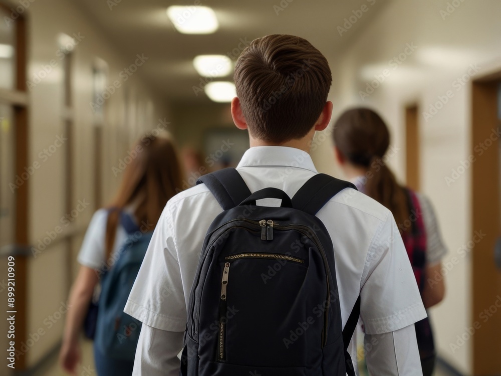 view of high school students from the back walking along the school corridor