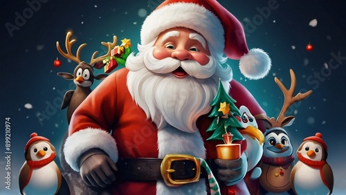 generative AI Teddy bear in a red scarf and hat sitting on the background of a Christmas tree. Generative AI
