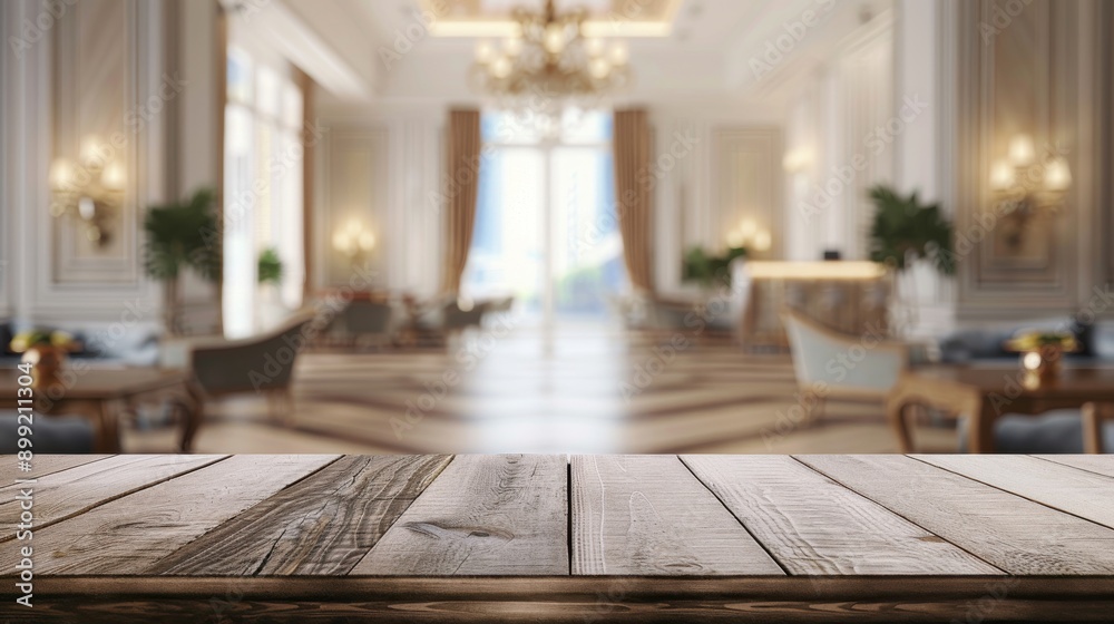 Wooden Tabletop with Blurred Luxury Lobby Background Wooden Tabletop with Blurred Luxury Lobby Background