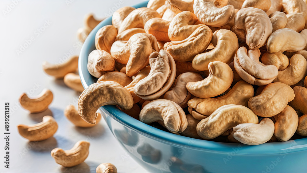 High-Quality Close-Up Image of Raw Cashew Nuts in a Blue Bowl with Scattered Nuts on a White Surface High-Quality Close-Up Image of Raw Cashew Nuts in a Blue Bowl with Scattered Nuts on a White Surface
