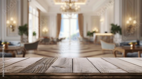Wooden Tabletop with Blurred Luxury Lobby Background