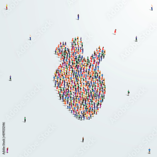 Human heart concept. Organ donation day. A large group of people form to create a heart shape. People organ icon series. Vector illustration.