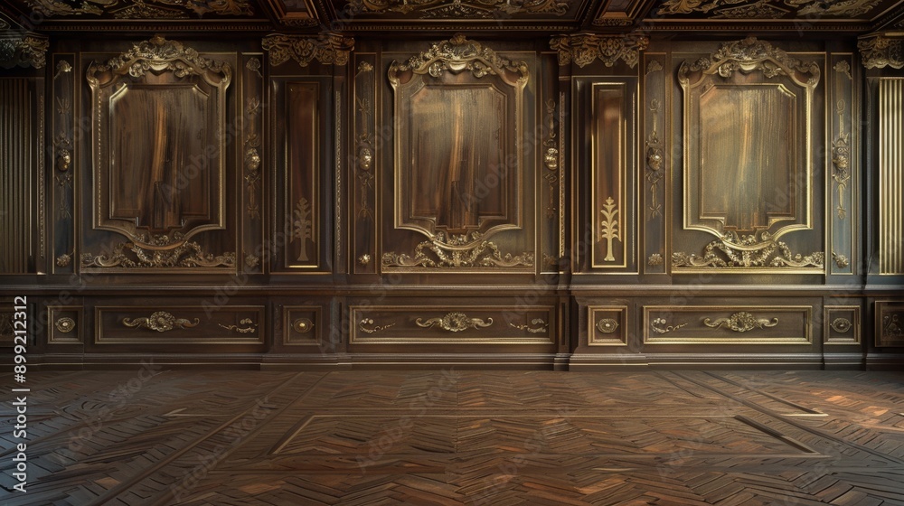 Ornate Wood Paneling and Herringbone Floor in a Luxurious Interior Ornate Wood Paneling and Herringbone Floor in a Luxurious Interior
