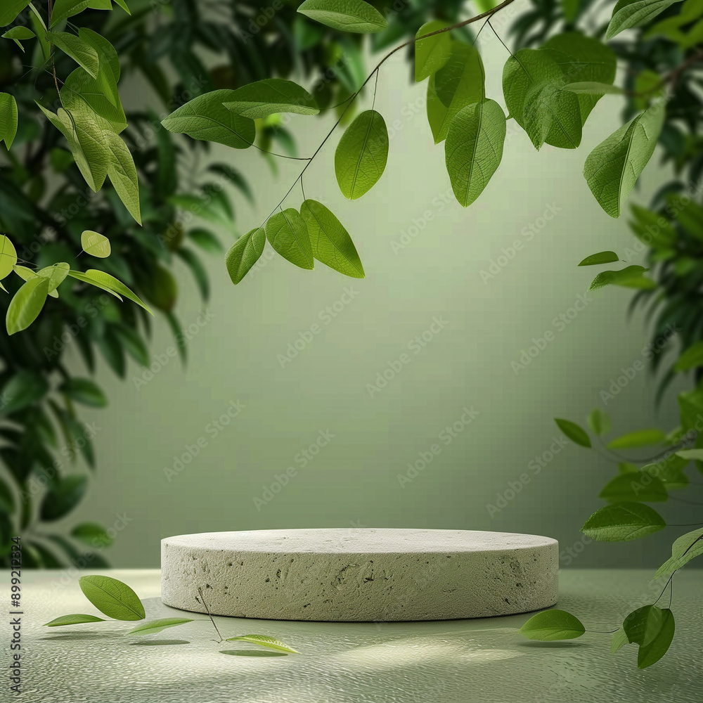 Natural Green Stone Podium with Leaves for Product Display. Front View Background for Eco-Friendly Items. Natural Green Stone Podium with Leaves for Product Display. Front View Background for Eco-Friendly Items.