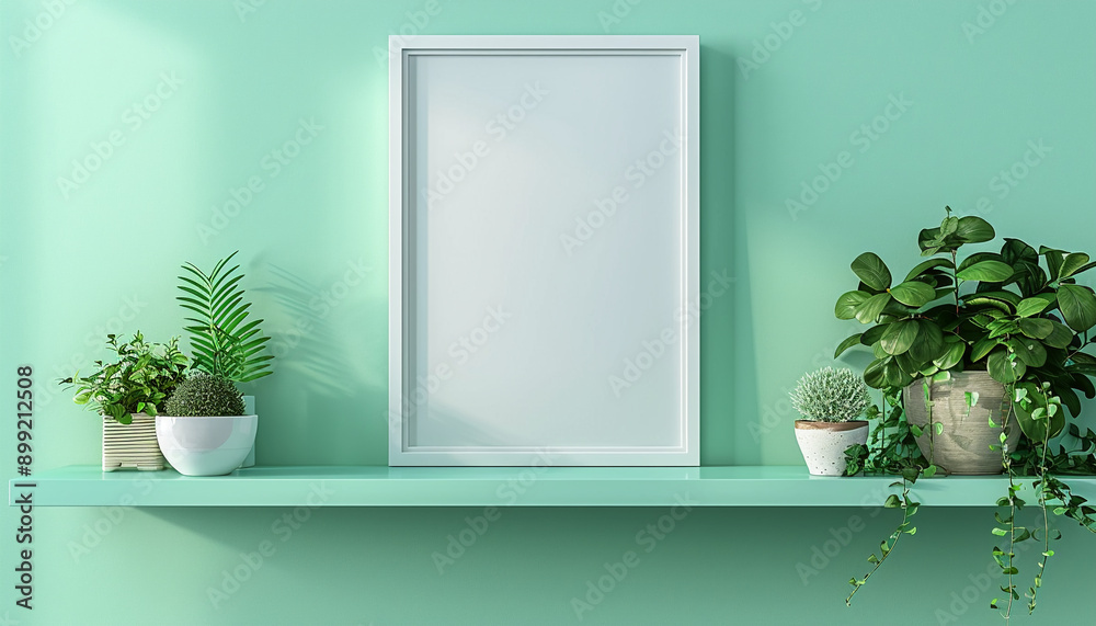 Fototapeta premium floating shelf with magic mint color wall with empty frame