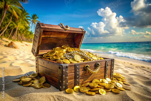 A weathered wooden treasure chest overflowing with gold coins, jewels, and ancient artifacts lies abandoned on a sun-kissed deserted island's pristine sandy beach.