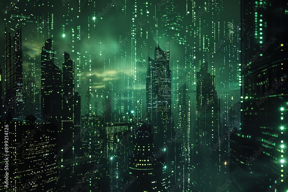 Green cityscape made of glowing digital code representing the technological future. Dark and blurry background highlights the lights from pixelated buildings, symbolizing advanced technology