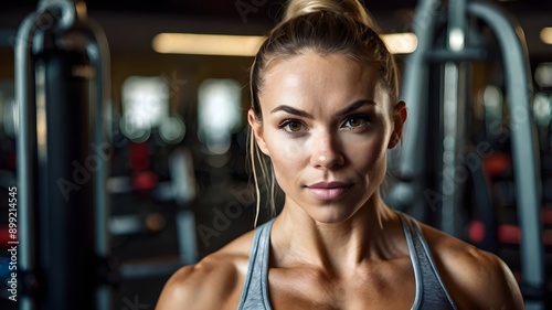 Blonde fitness woman with cheerful face ready for gym workout in the fitness center motivated day