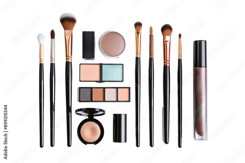 A Collection of Makeup Brushes and Products Arranged on a White Background A Collection of Makeup Brushes and Products Arranged on a White Background