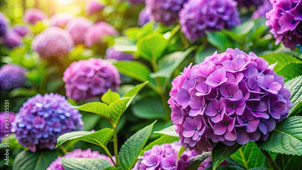 Purple hydrangea flowers with green leaves in a garden, hydrangea, purple, flowers, leaves, garden, plant, nature, flora Purple hydrangea flowers with green leaves in a garden, hydrangea, purple, flowers, leaves, garden, plant, nature, flora