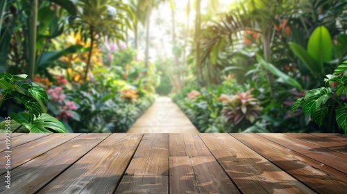 Tropical Garden Path with Wooden Planks