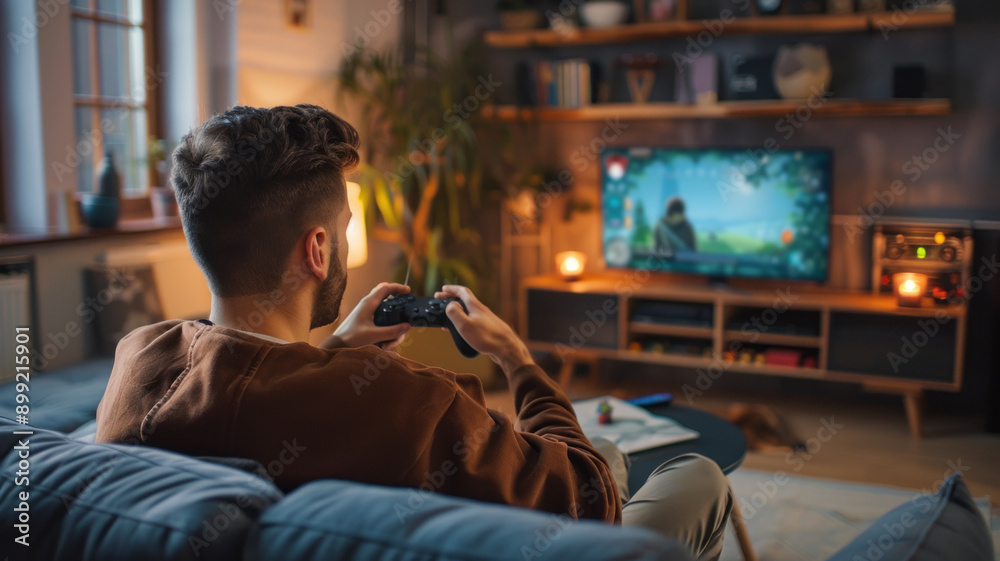 a man playing the game console in his living room enjoying.generative ai a man playing the game console in his living room enjoying.generative ai