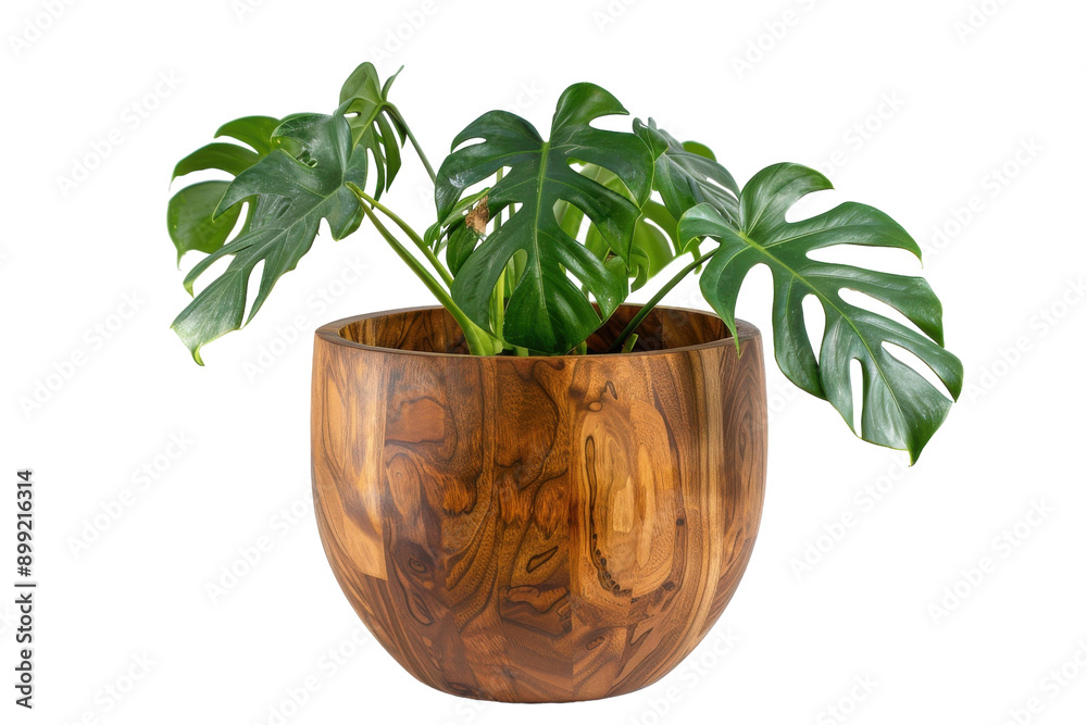 Lush Monstera Plant Thriving in a Handcrafted Wooden Pot Lush Monstera Plant Thriving in a Handcrafted Wooden Pot