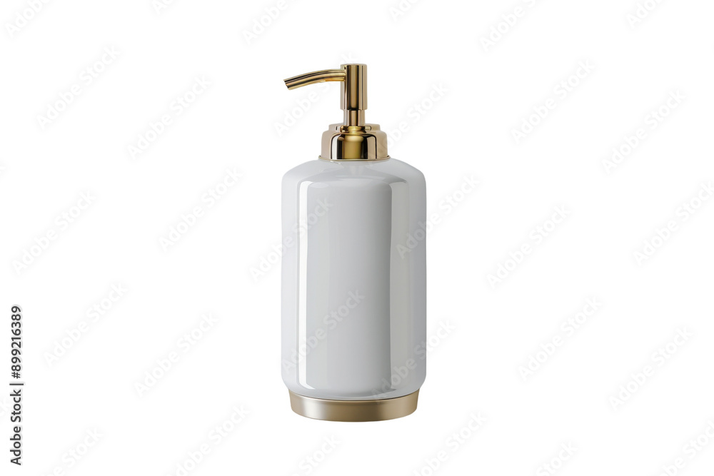 Fototapeta premium A Sleek, White Ceramic Soap Dispenser With a Gold Pump and Base, Ready for a Fresh Start