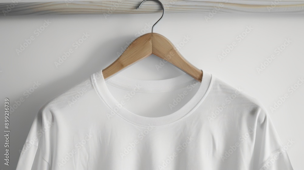 A white shirt hanging on a wooden hanger A white shirt hanging on a wooden hanger