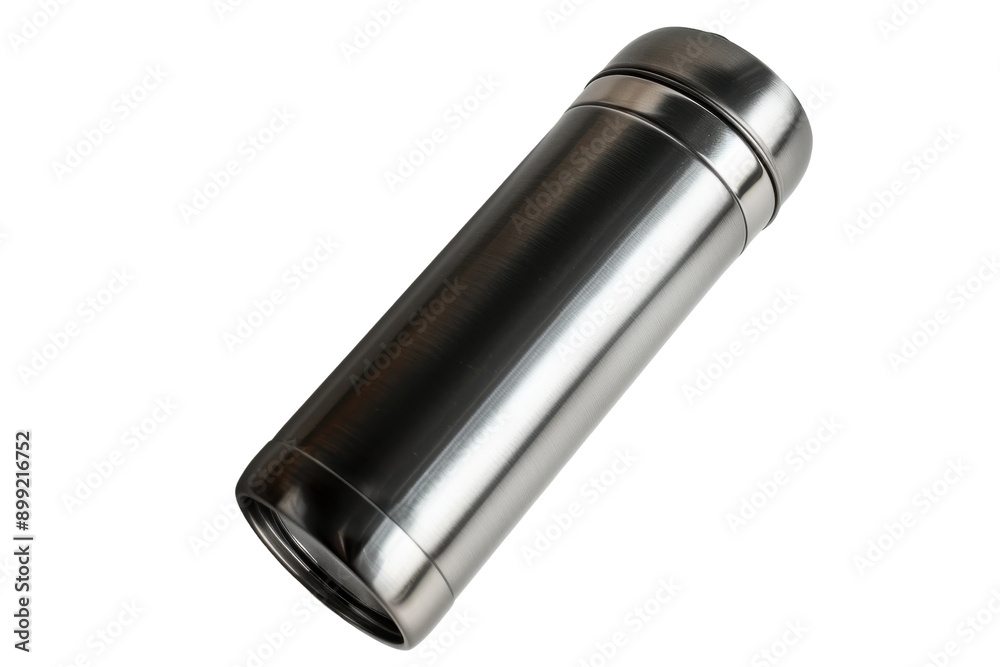 A Sleek Silver Thermos Bottle Rests Against a Pristine White Background A Sleek Silver Thermos Bottle Rests Against a Pristine White Background