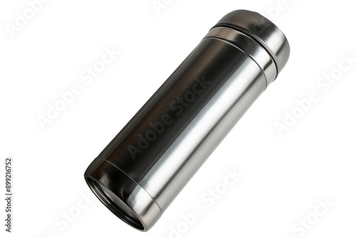 A Sleek Silver Thermos Bottle Rests Against a Pristine White Background