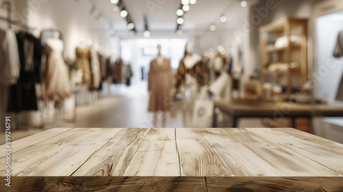 Wooden Table Mockup in a Blurred Clothing Store