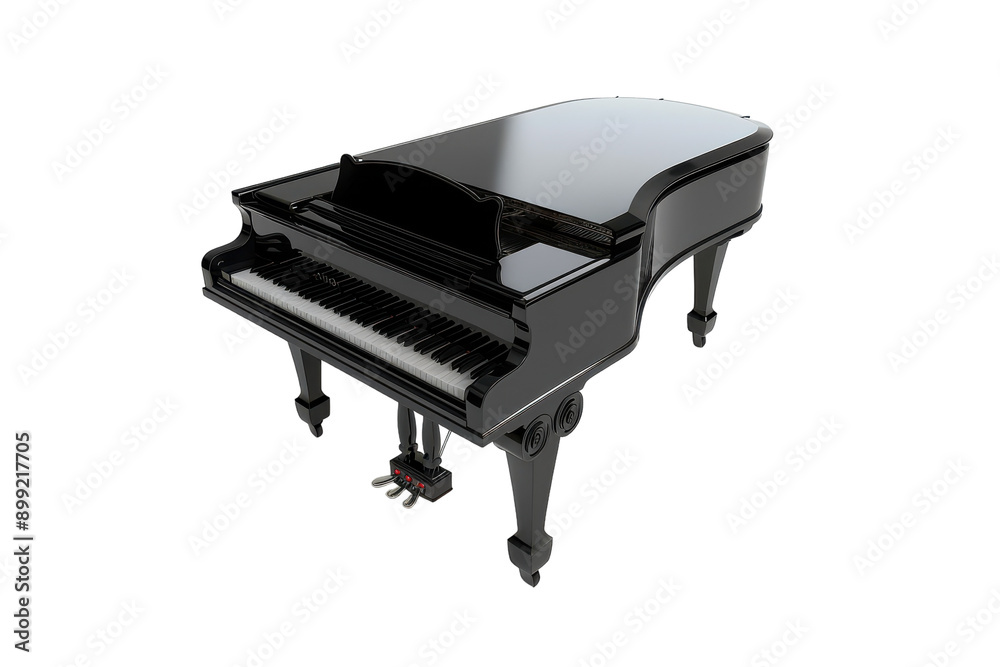 A Black Grand Piano With Shiny Finish and Pedals, Isolated on a White Background A Black Grand Piano With Shiny Finish and Pedals, Isolated on a White Background