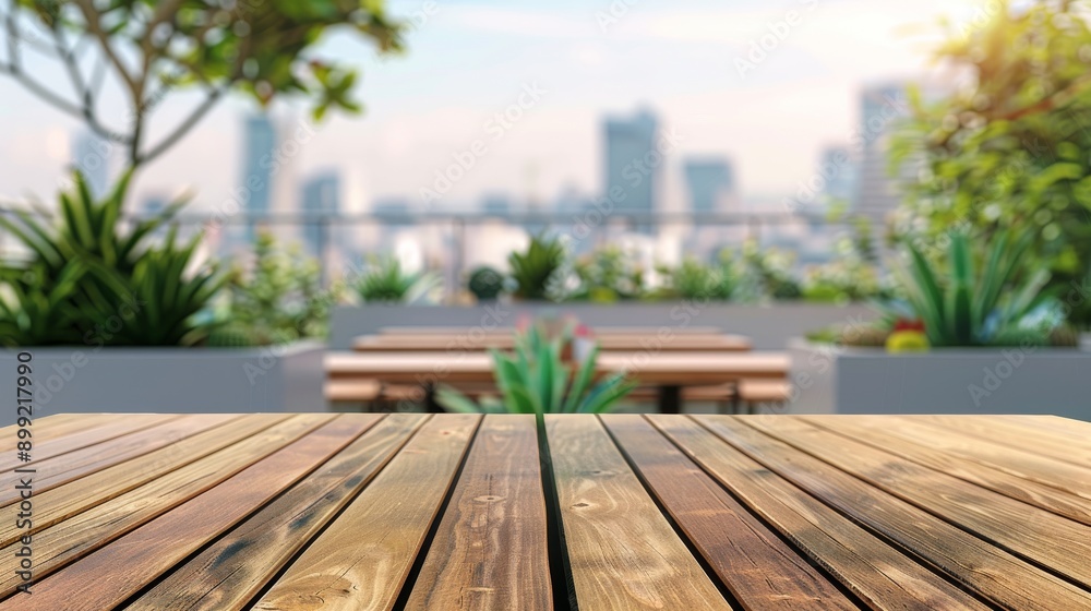 Wooden Table with City View - Rooftop Garden Wooden Table with City View - Rooftop Garden
