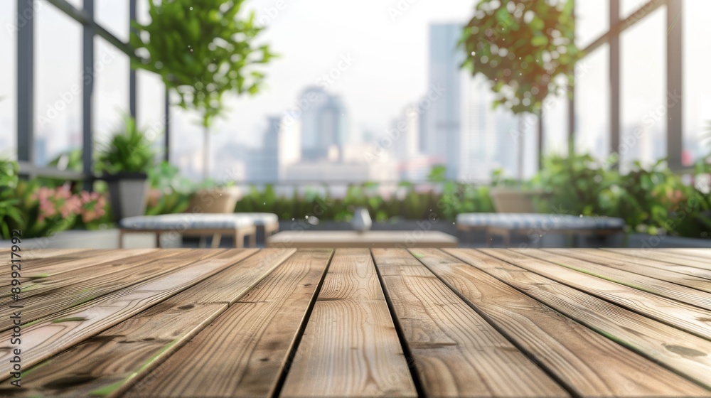 Wood Table with Cityscape View - Urban Balcony Terrace Wood Table with Cityscape View - Urban Balcony Terrace
