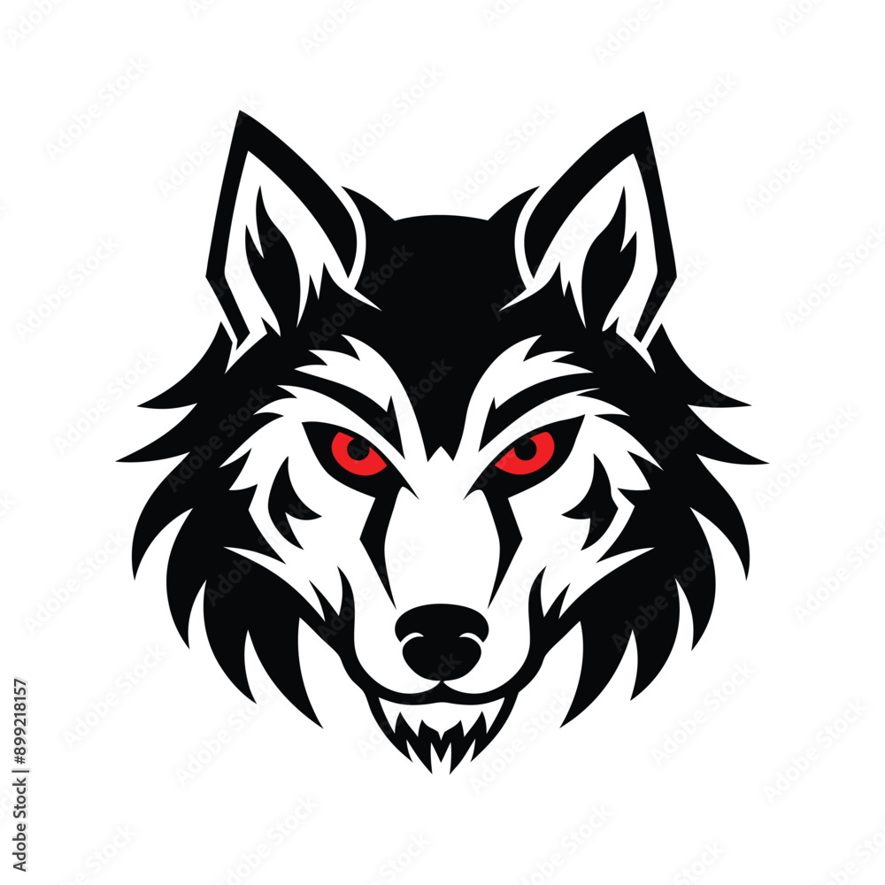 Naklejka premium AAngry wolf head logo with red eye silhouette, perfect for bold designs and striking illustrations.