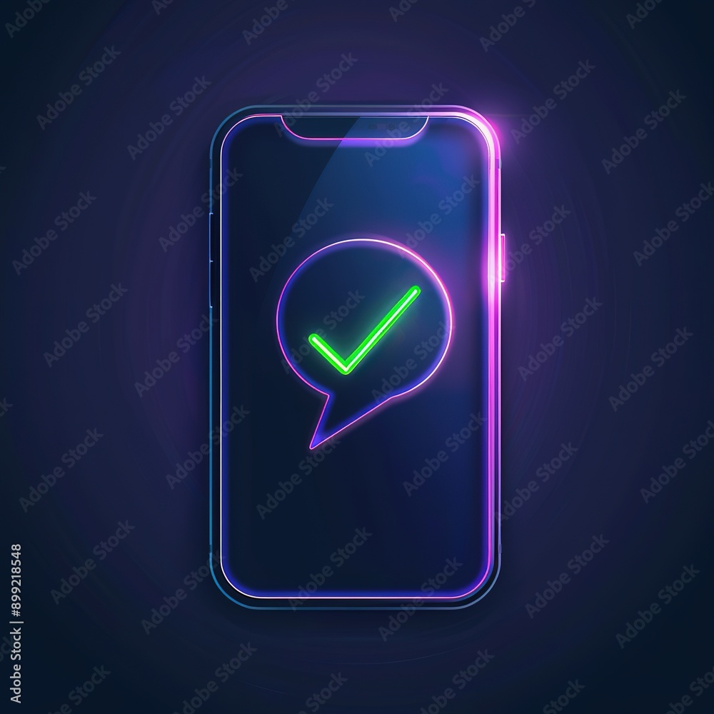 Neon Green Checkmark on Purple Mobile Phone Outline - Minimalist Vector Art Icon for Apps and Interfaces Neon Green Checkmark on Purple Mobile Phone Outline - Minimalist Vector Art Icon for Apps and Interfaces