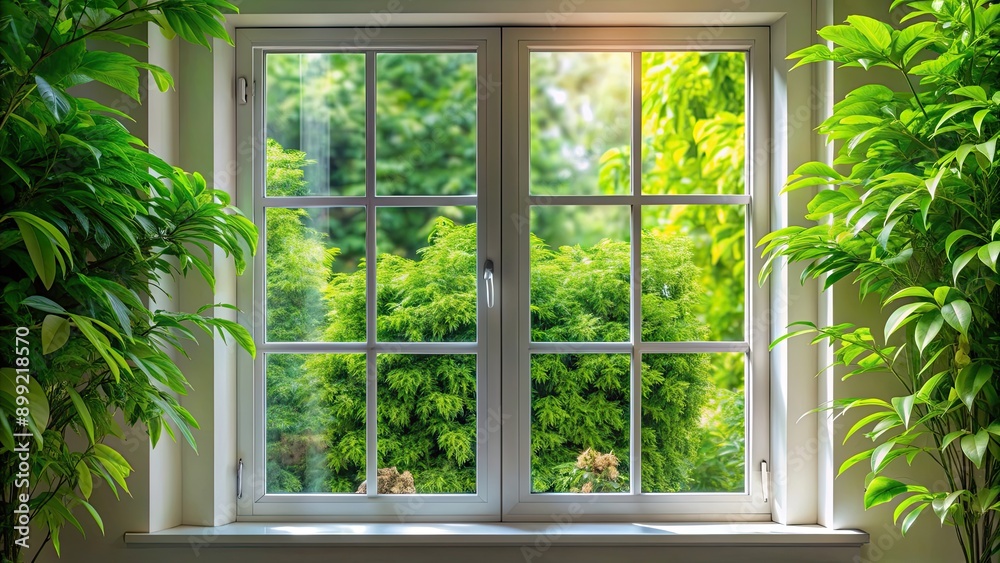 Lush green plant seen through a window , nature, indoor plants, houseplant, greenery, growth, natural light, serenity Lush green plant seen through a window , nature, indoor plants, houseplant, greenery, growth, natural light, serenity