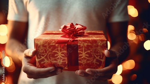 Beautiful woman celebrating Christmas at home. Close-up of hands in a seasonal winter interior. The concept of holidays. photo