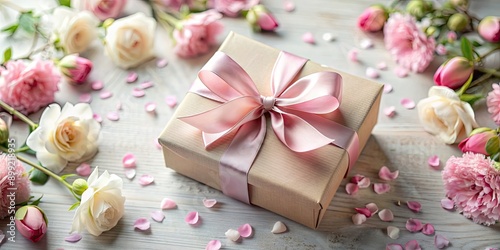 Mother's Day gift box with satin ribbon and tag, surrounded by delicate flowers and petals , Mother's Day, gift, box, satin ribbon