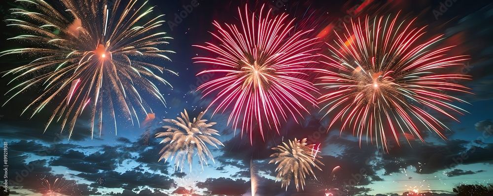 Naklejka premium An inspiring festivals and celebrations image showcasing a fireworks display lighting up the night sky during a community festival, filling the air with excitement and wonder