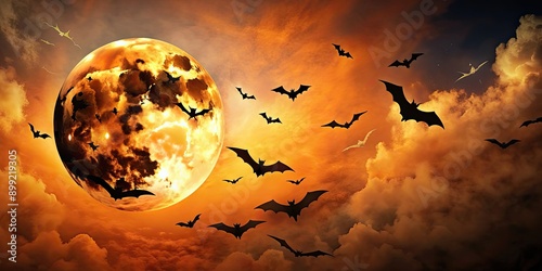 Spooky Halloween night with full moon and bats flying through orange sky, Halloween, spooky, night, full moon, bats, flying