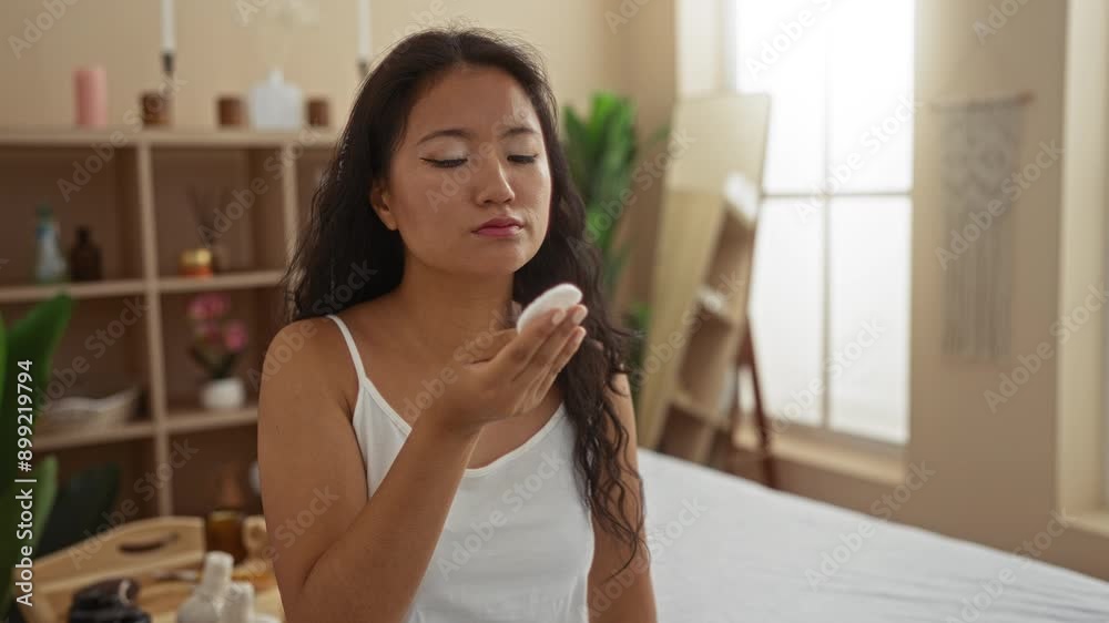 Woman using cotton pad in spa room with serene ambiance and beauty center decor Woman using cotton pad in spa room with serene ambiance and beauty center decor