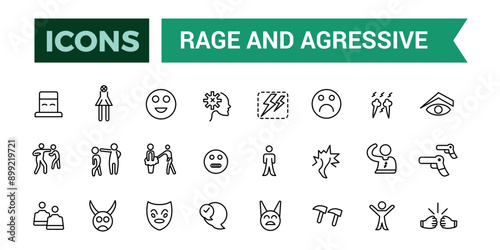 Rage and Agressive icons set. Outline icons pack. Editable vector line icon set and illustration for web and UI application.