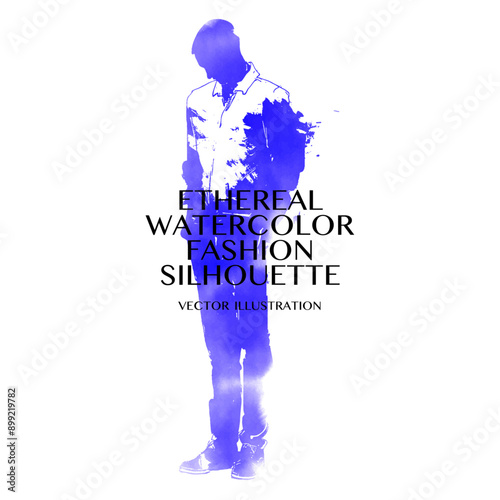 Ethereal Watercolor Fashion Silhouette. Vector illustration of single male figure stands in vibrant blue color, his body is softened by watercolor brushstrokes, creating sense of contemplation.