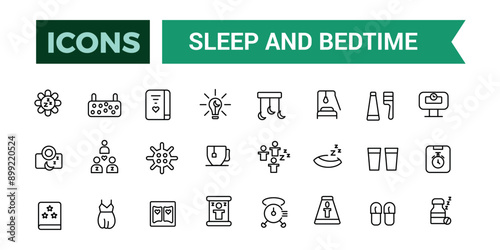 Sleep and Bedtime icons set. Outline icons pack. Editable vector line icon set and illustration for web and UI application.