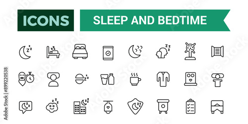 Sleep and Bedtime icons set. Outline icons pack. Editable vector line icon set and illustration for web and UI application.