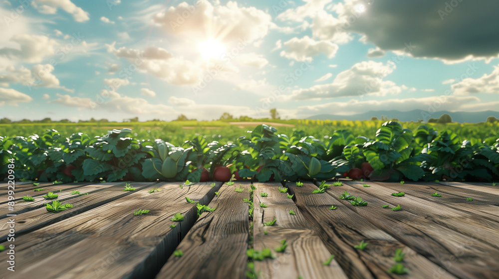 Naklejka premium Minimalist Wooden Podest Stage with Vegetables Fields Background in Hyperrealism - Modern Sunlit 8K Design