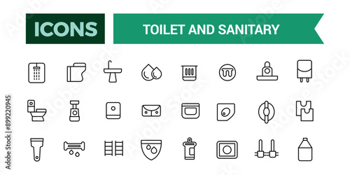 Toilet and Sanitary icons set. Outline set of toilet vector icons for ui design. Outline icons pack. Editable vector line icon set and illustration for web and UI application.